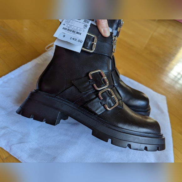 Zara Lug sole 100% leather Mid-calf ankle boots booties buckle and zip 36 6 NWT - Picture 3 of 7